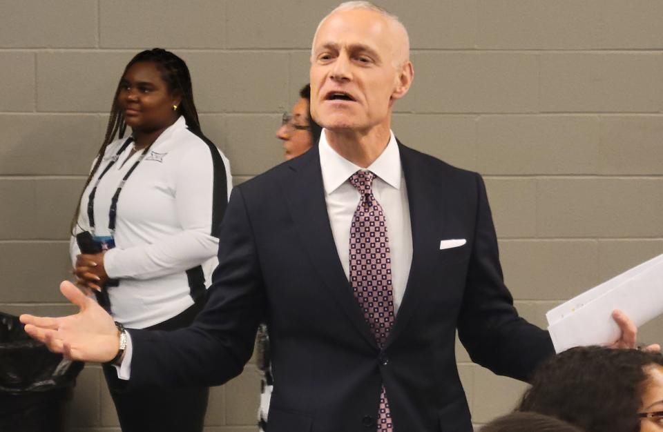 Big 12 commissioner Brett Yormark chats with media members before his news conference Tuesday night at T-Mobile Center. Yormark announced that the Big 12 Tournaments for both men's and women's basketball will remain in Kansas City through 2031.