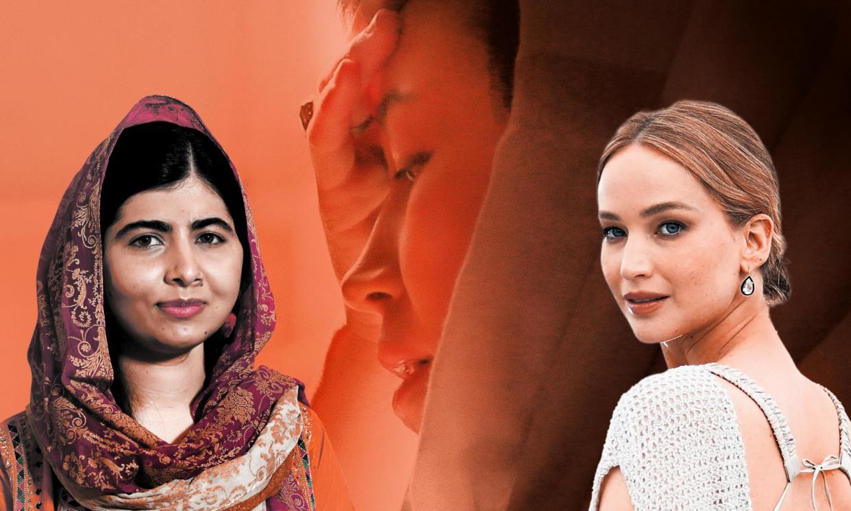 <span>‘It’s an unbelievable way to treat your wives, your mothers, your sisters. It’s so overwhelming’ – Bread & Roses, produced by Malala Yousafzai (left) and Jennifer Lawrence.</span><span>Composite: Guardian Design; Kate Green/Getty Images for BoF; Sarah Meyssonnier/Reuters; Courtesy of Apple</span>