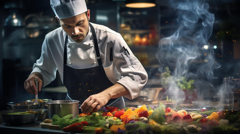 A chef creating a specialty appetizer in an open kitchen.