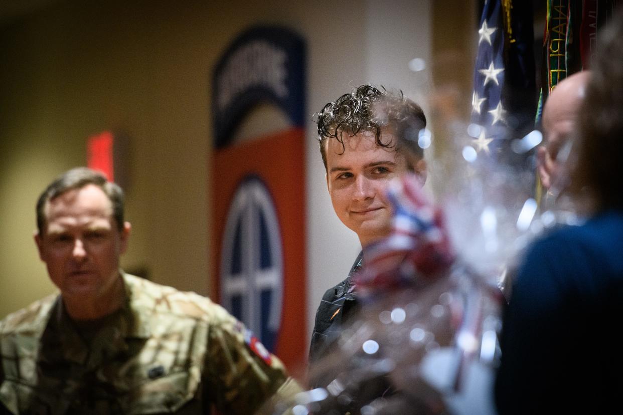 Daniel Conley, center, was named the 82nd Airborne Division's junior paratrooper of the year on Thursday, April 21, 2022.