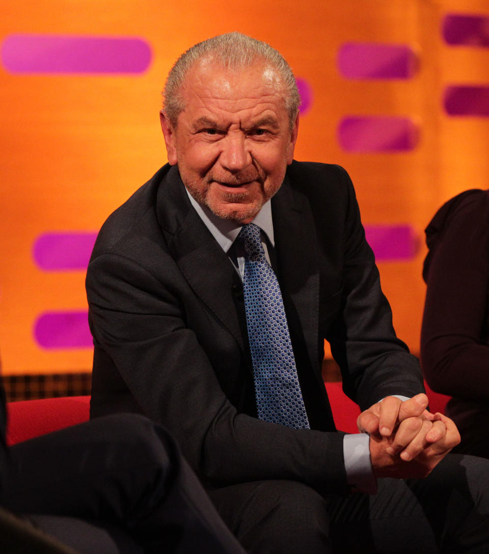 Guest Lord Alan Sugar during filming of The Graham Norton Show at The London Studios in south London.