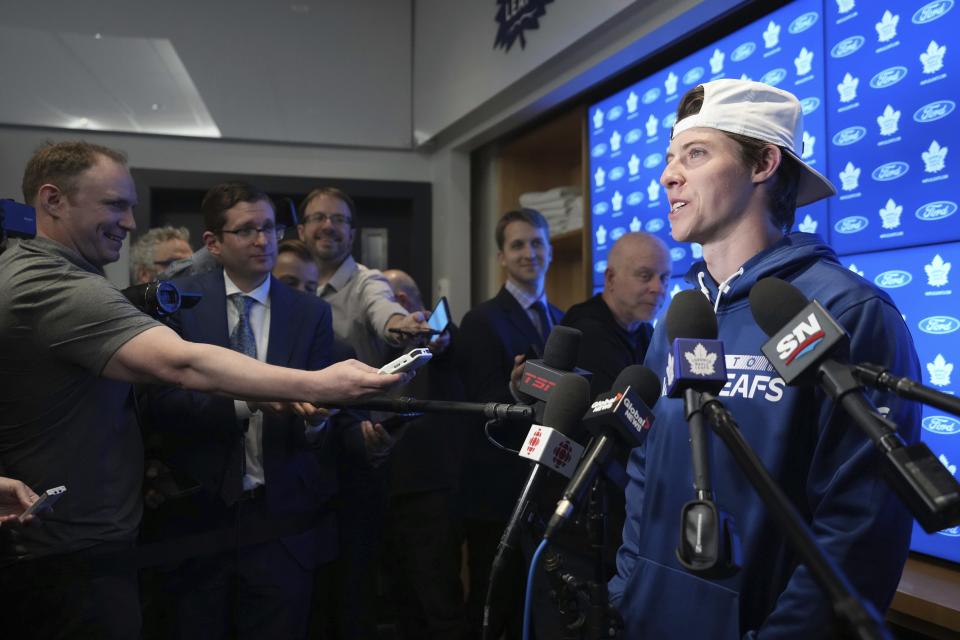 Toronto Maple Leafs Mitch Marner speaks to media during an end-of-season availability in Toronto, on Monday, May 15, 2023. The Maple Leafs were eliminated from the NHL playoffs by the Florida Panthers on Friday. (Nathan Denette/The Canadian Press via AP)