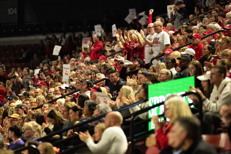 Utah fans cheer during the Sprouts Farmers Market Collegiate Quads at Maverik Center in West Valley on Saturday, Jan. 13, 2024. #1 Oklahoma, #2 Utah, #5 LSU, and #12 UCLA competed in the meet. | Megan Nielsen, Deseret News