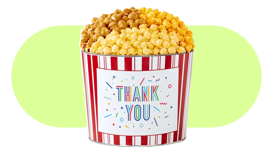 Teacher Appreciation Week gift baskets: Cheryl's Thank You popcorn tin