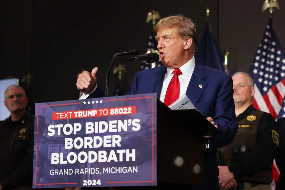  Former U.S. President Donald Trump speaks at a campaign event on April 02, 2024 in Grand Rapids, Michigan. Trump delivered a speech which his campaign has called "Biden's Border Bloodbath", as recent polls have shown that immigration and the situation at the U.S. Southern border continue to be top issues on voters' minds going into the November election. (Photo by Spencer Platt/Getty Images)