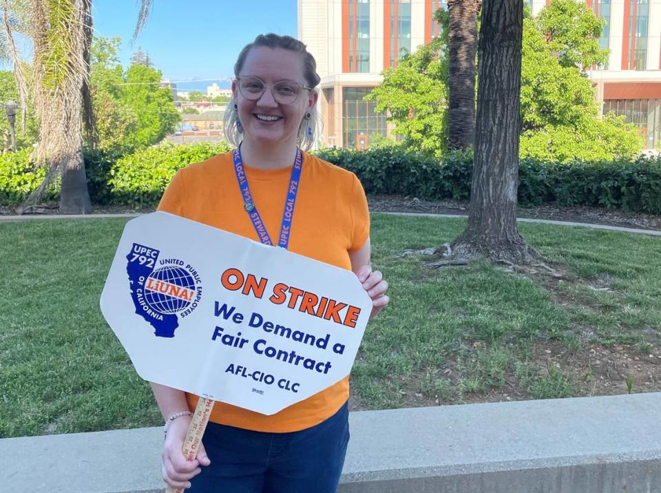Catreena Johnson, a member of UPEC - Local 792 and Redding resident, is on strike with fellow workers as the union negotiates with the Shasta County Board of Supervisors for fair wages and affordable benefits. She and her colleagues spoke to board members in Redding on May 16, 2023.