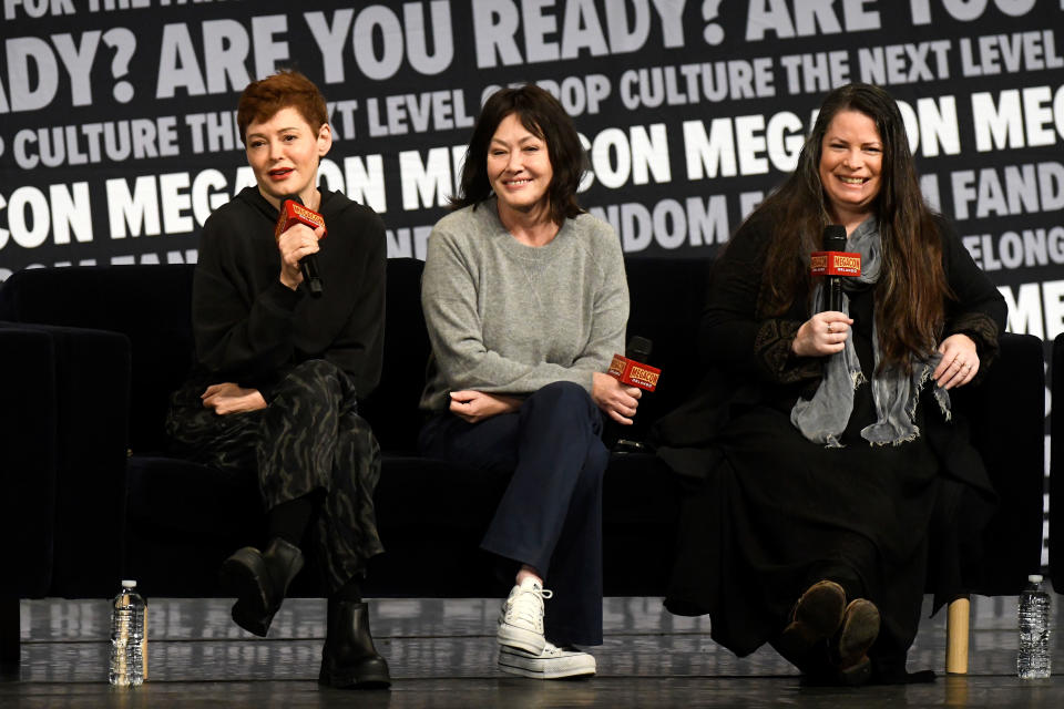 ORLANDO, FLORIDA - FEBRUARY 04: (L-R) Rose McGowan, Shannen Doherty and Holly Marie Combs speak during a Q&A session at MegaCon Orlando 2024 at Orange County Convention Center on February 04, 2024 in Orlando, Florida. (Photo by Gerardo Mora/Getty Images)