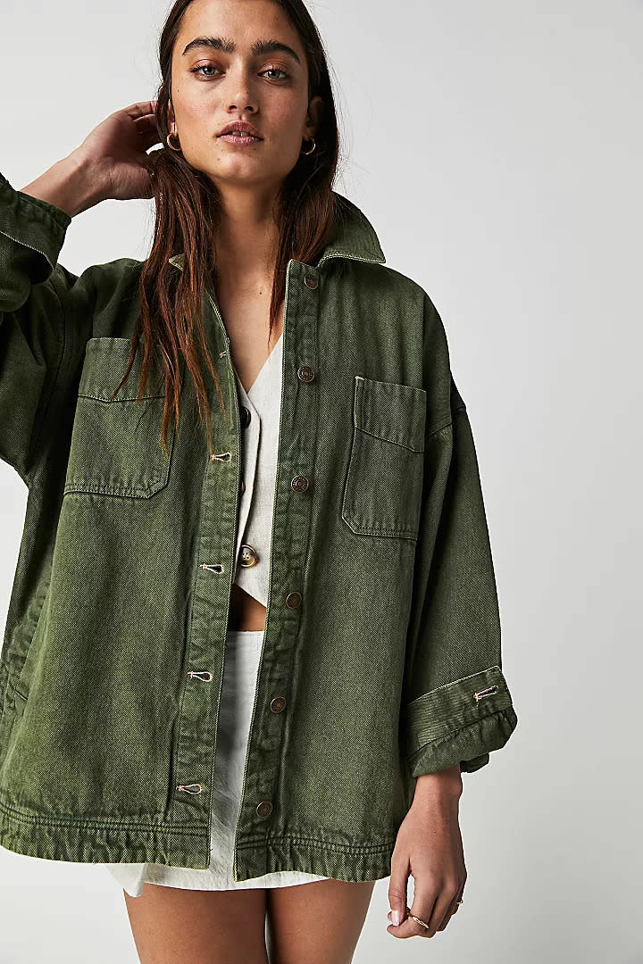 woman wears free people We the Free Madison City Denim Jacket in green