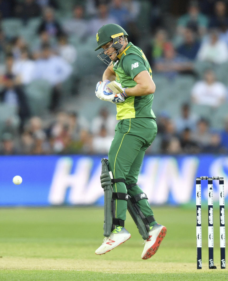 David Miller of South Africa bats against Australia during their second One-Day International cricket match in Adelaide, Friday, Nov. 9, 2018. (David Mariuz/AAP Image via AP)