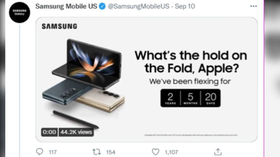 三星官方在Twitter狂嗆蘋果。（圖／翻攝自Samsung Mobile US Twitter）