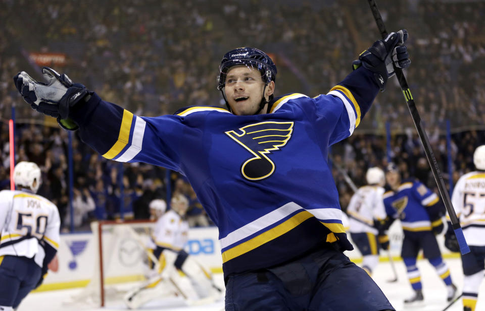 St. Louis Blues&#39; Vladimir Tarasenko, of Russia, celebrates after scoring during the second period of an NHL hockey game against the Nashville Predators, Thursday, Nov. 13, 2014, in St. Louis. (AP Photo/Jeff Roberson)