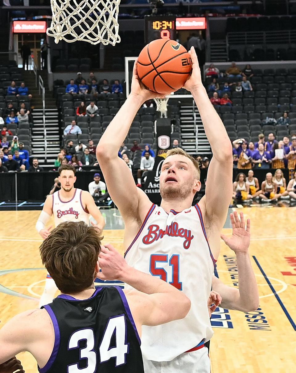 Bradley's Rienk Mast puts up a shot during a quarterfinal game Friday afternoon at the Missouri Valley Conference men's basketball tournament on March 3, 2023 at Enterprise Center in St. Louis. Bradley won 72-66.