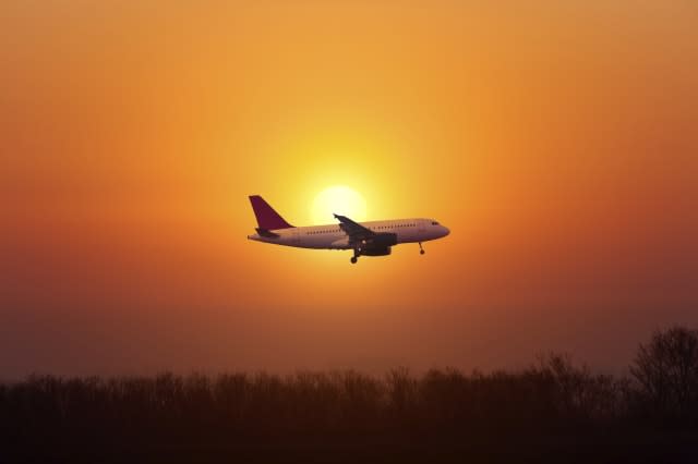 Airplane landing against the setting sun