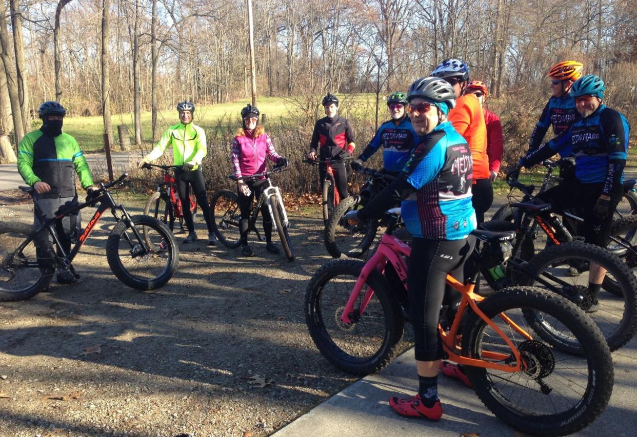 Fat bike riders prepare to embark on a ride at Bonneyville Mill County Park in Bristol, where NIMBA will do trail maintenance on April 15, 2023.