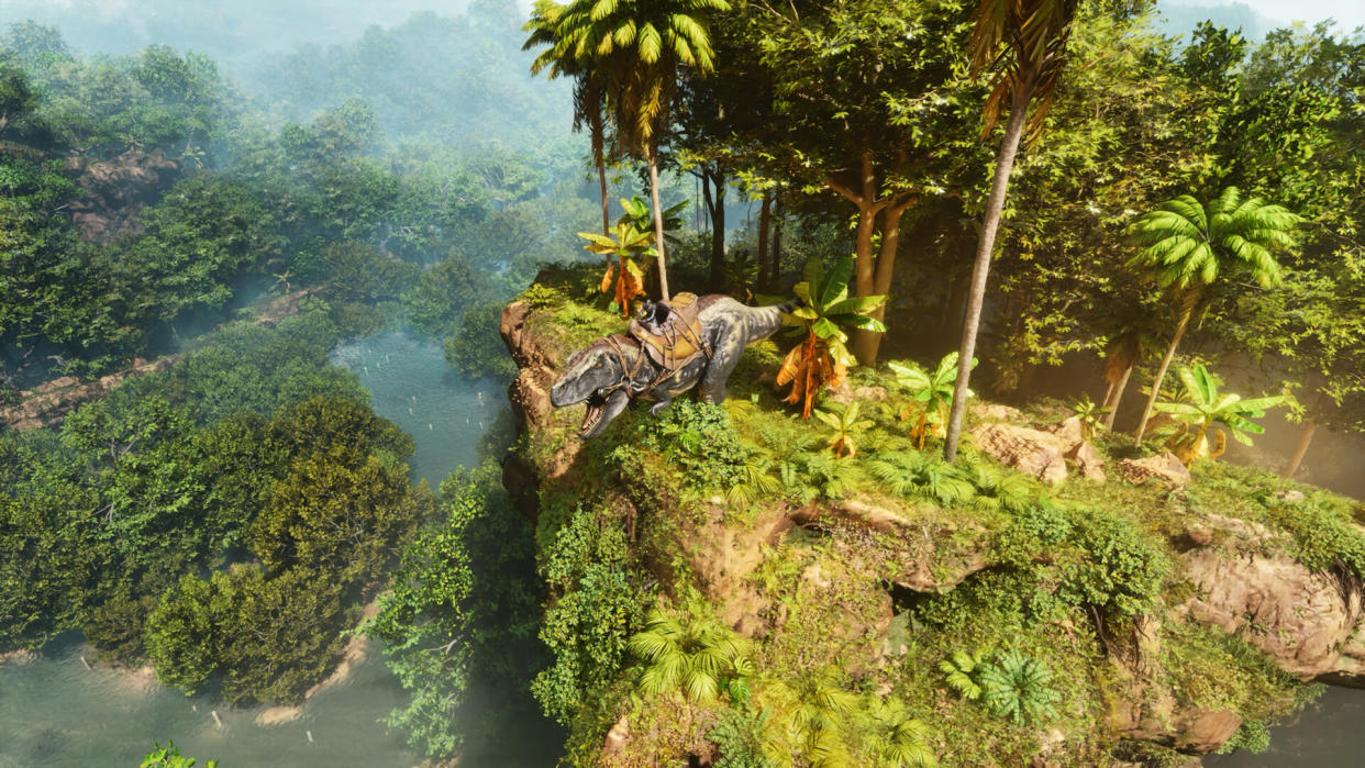  Ark: Survival Ascended screenshot of a rider on a dinosaur. 