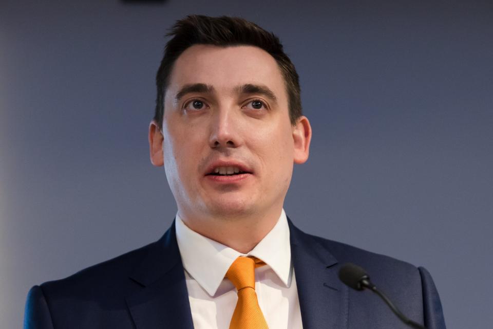 Former British Labour party MP Gavin Shuker speaking at the Independent Group Party launch and press conference in London. (EPA)