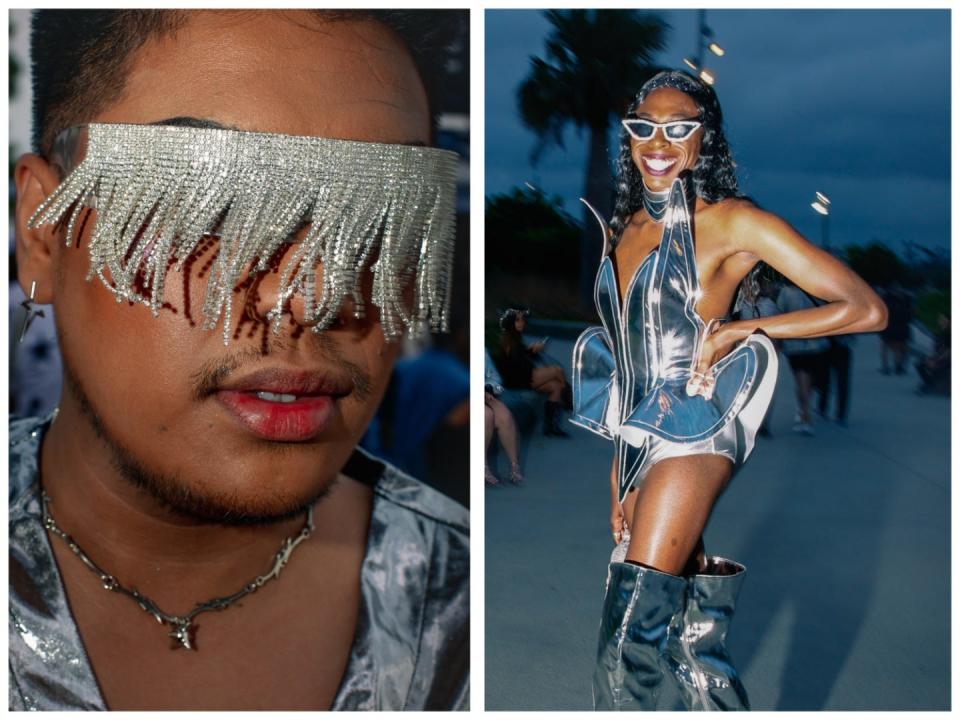 On left, a person wearing sunglasses covered in silver rhinestone trim, on right, a person wearing silver cat-eye shades