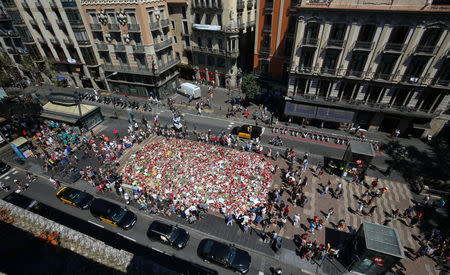 People gather at an impromptu memorial where a van crashed into pedestrians at Las Ramblas in Barcelona, Spain, August 22, 2017. REUTERS/Albert Gea