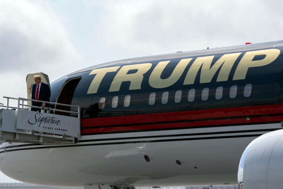 Former President Donald Trump’s private plane with red, white and blue colors. Trump is apparently hoping to change the colors of Air Force One to model his aircraft (AP)