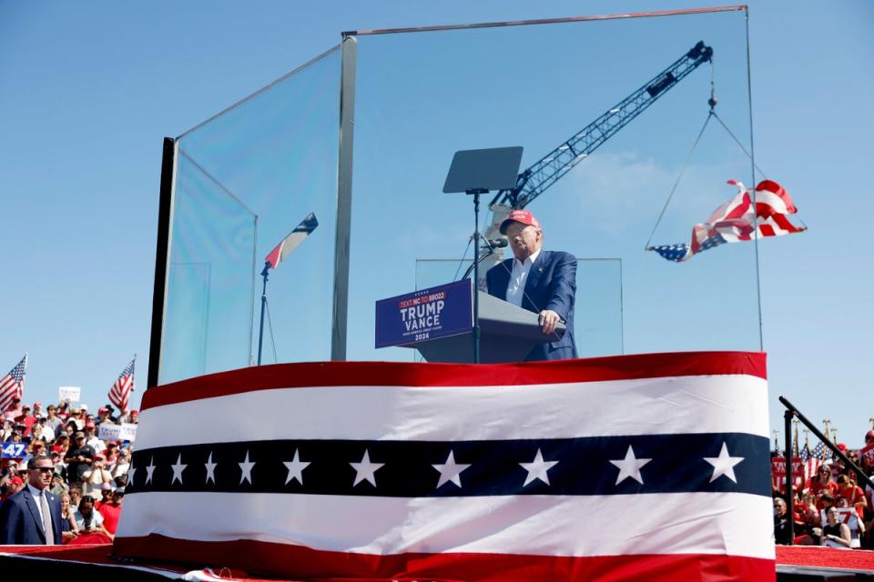 Former United States President Donald Trump, Republican presidential candidate, speaking at a rally at the Wilmington Aero Center in Wilmington, North Carolina (Getty Images)