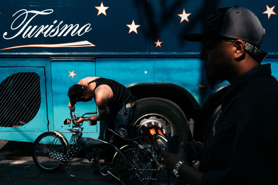 Los Chilangos members arrive at the Guadalajara Club's anniversary celebration in 2018 in Guadalajara, Mexico. After having traveled 12 hours, they set up their bicycles to show them to the public.