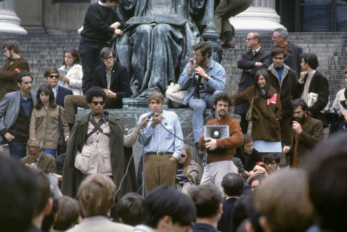 American activist Mark Rudd, centre, president of Students for a Democratic Society (SDS), addresses students at Columbia University, May 3, 1968 (Getty Images)