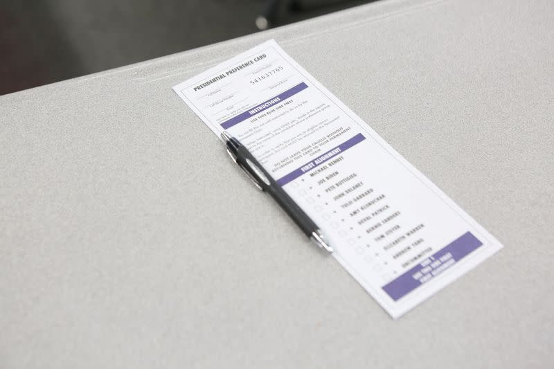 A caucus preference card is seen on a table at a caucus site at Sparks High School for the Nevada Democratic presidential caucuses in Reno