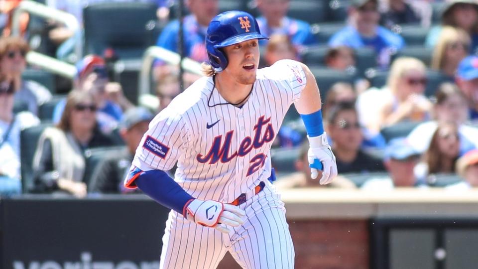 May 7, 2023; New York City, New York, USA; New York Mets third baseman Brett Baty (22) hits a two run single in the first inning against the Colorado Rockies at Citi Field. Mandatory Credit: Wendell Cruz-USA TODAY Sports