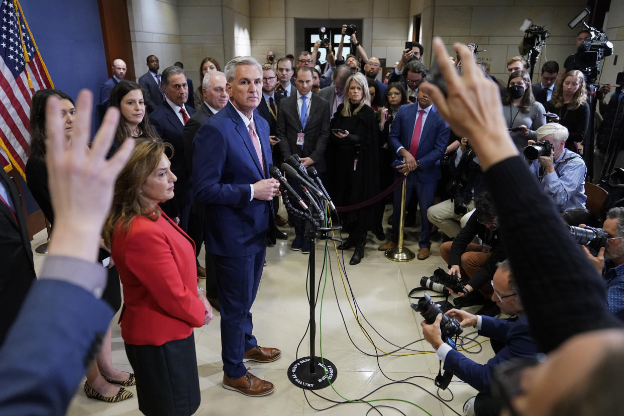 House Minority Leader Kevin McCarthy of Calif., takes questions from journalists after winning the House Speaker nomination at a House Republican leadership meeting, Tuesday, Nov. 15, 2022, on Capitol Hill in Washington. (AP Photo/Patrick Semansky)