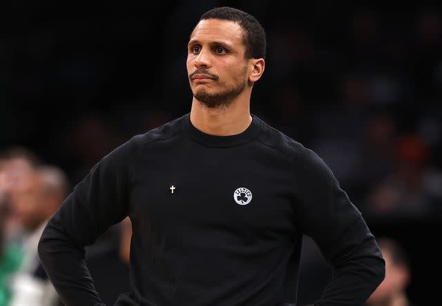 <p>Maddie Meyer/Getty</p> Joe Mazzulla during the second half against the Orlando Magic at TD Garden on December 15, 2023 in Boston, Massachusetts.