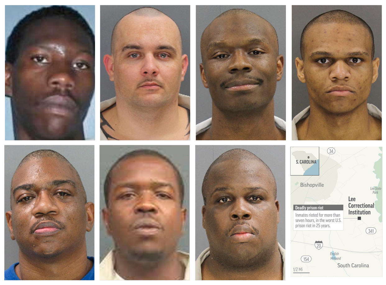 Seven inmates were killed – from top row from left: Corey Scott, Eddie Casey Gaskins, Raymond Angelo Scott and Damonte Rivera; bottom row from left, Michael Milledge, Cornelius McClary and Joshua Jenkins. (Picture: AP)