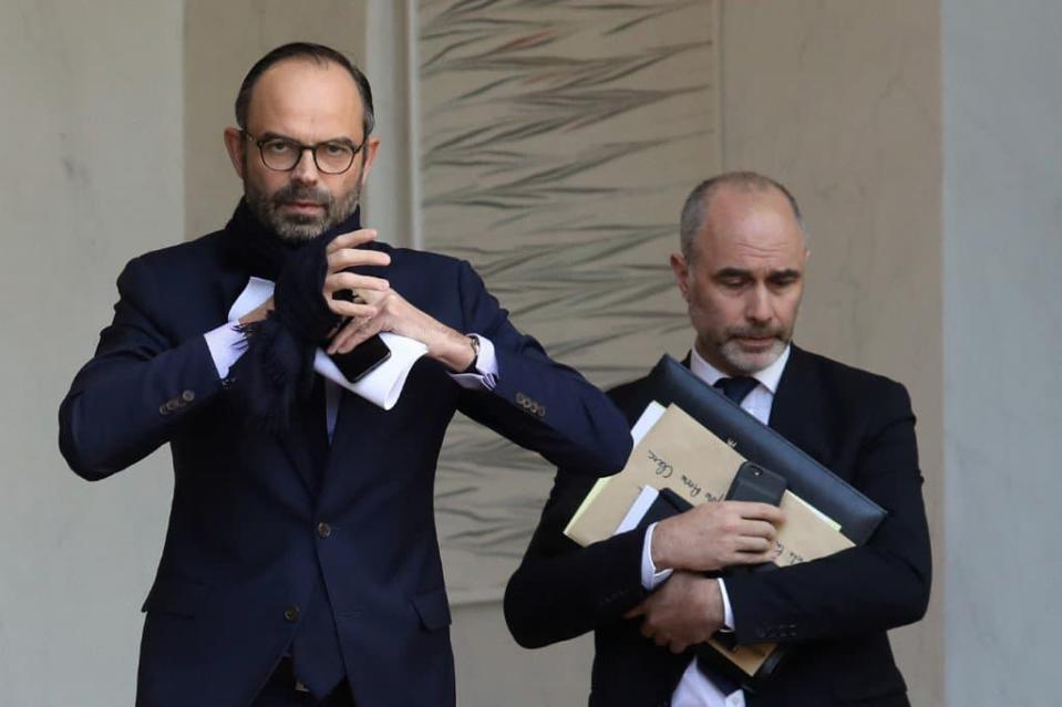 L'ancien Premier ministre Edouard Philippe aux côtés de son ami et ancien conseiller Gilles Boyer à l'Elysée en 2018. - Ludovic Marin