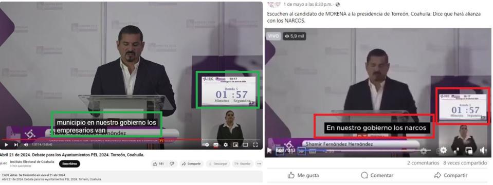 <span>Comparación entre capturas de pantalla del video del IEC en YouTube (I) y una publicación en Facebook hecha el 7 de mayo de 2024</span>