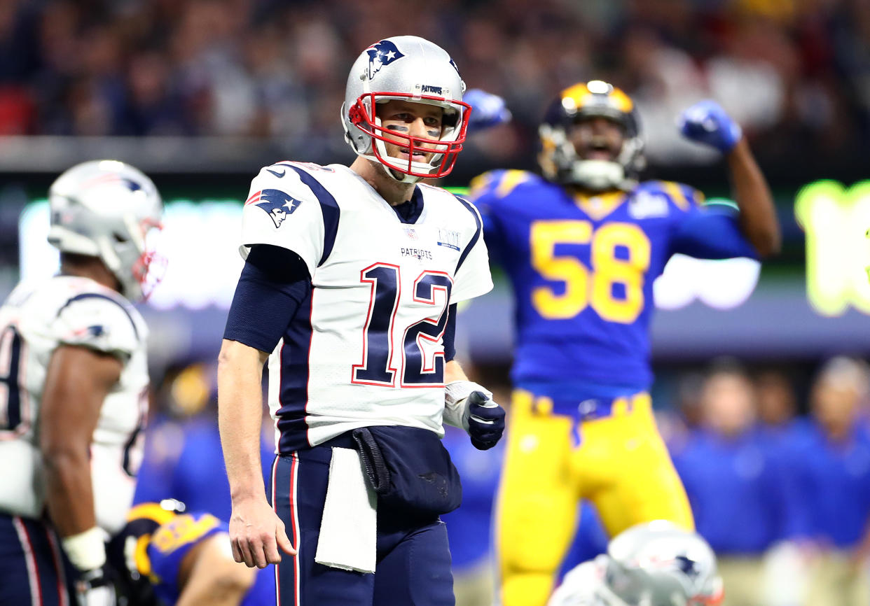 New England Patriots’ Tom Brady threw a pick on his first pass of Super Bowl LIII. (Getty Images)