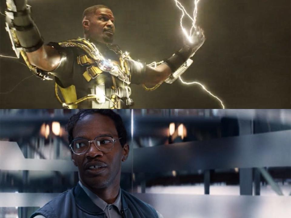 In the top image: Jamie Foxx as Max Dillon/Electro. In the bottom image: Foxx in "Spider-Man: No Way Home."