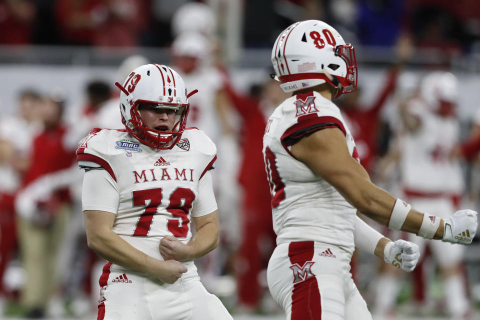 Miami of Ohio place kicker Sam Sloman (79) reacts after a field goal during the second half of the Mid-American Conference championship NCAA college football game against Central Michigan, Saturday, Dec. 7, 2019, in Detroit. (AP Photo/Carlos Osorio)