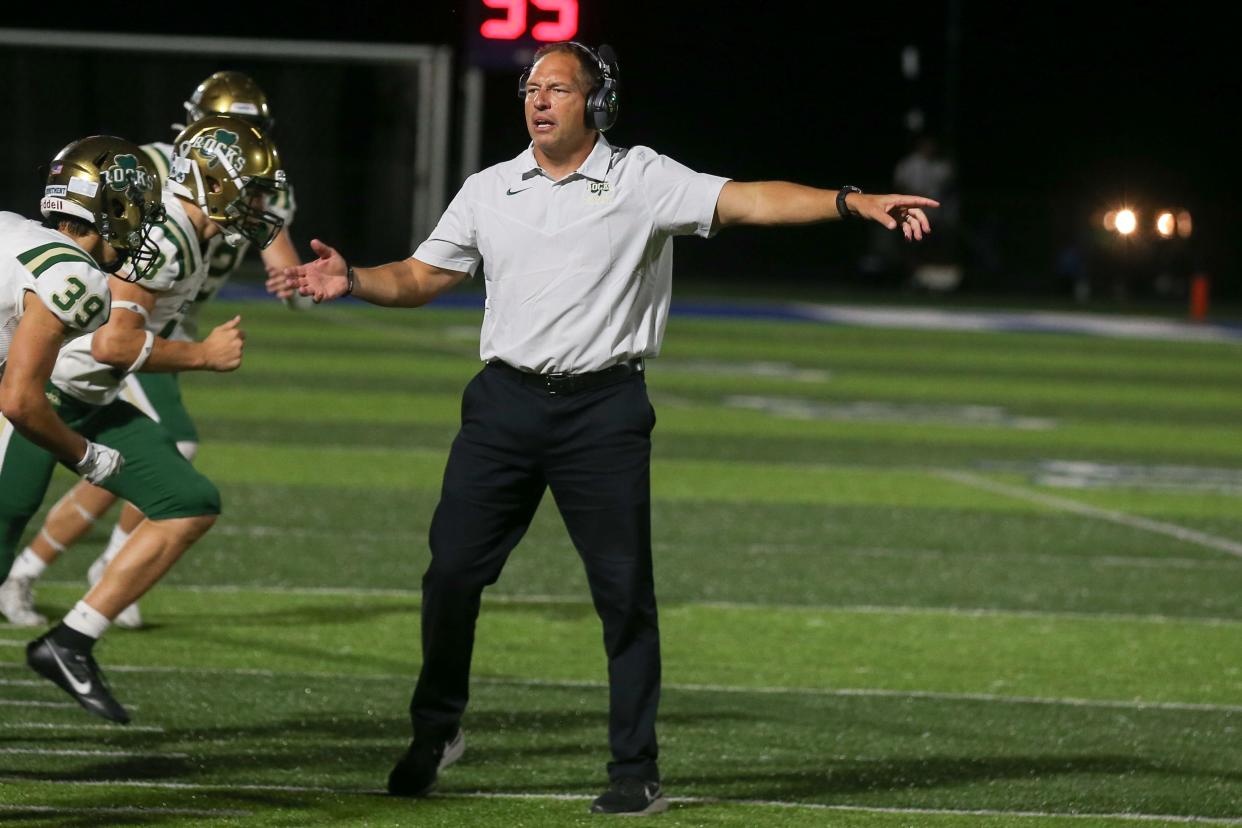 Westfield Coach Jake Gilbert gives direction to his players during Westfield vs Hamilton Southeastern IHSAA football, Sep 15, 2023; Fishers, IN, USA; at Hamilton Southeastern High School.