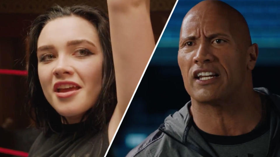 Florence Pugh and The Rock star in the first trailer for Stephen Merchant’s WWE drama (Lionsgate/MGM)