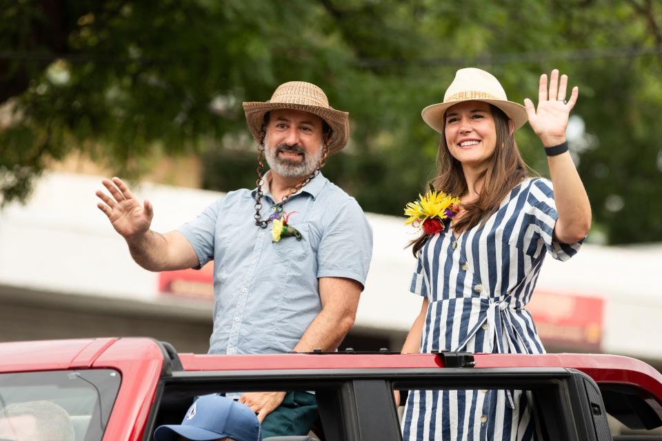Salt Lake City Mayor Erin Mendenhall and her husband Kyle LaMalfa wave to the crowd at the annual Days of ’47 Parade in Salt Lake City on Monday, July 24, 2023. | Megan Nielsen, Deseret News