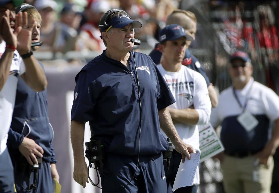 New England Patriots head coach Bill Belichick watches from the sideline in the second half of an NFL football game against the New York Jets, Sunday, Sept. 22, 2019, in Foxborough, Mass. (AP Photo/Elise Amendola)