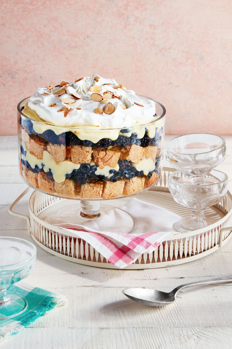 <p>Take a break from cookies and pies with this old-fashioned trifle, complete with rich custard and soft sponge cake.</p><p><strong><a href="https://www.countryliving.com/food-drinks/a29643401/fruit-and-nut-trifle-recipe/" rel="nofollow noopener" target="_blank" data-ylk="slk:Get the recipe;elm:context_link;itc:0;sec:content-canvas" class="link ">Get the recipe</a>.</strong> </p>