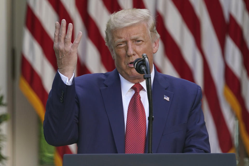 FILE - In this July 14, 2020, file photo President Donald Trump speaks during a news conference in the Rose Garden of the White House in Washington. (AP Photo/Evan Vucci, File)