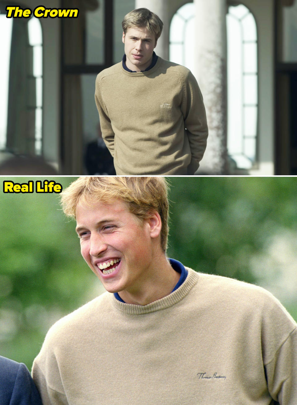 Side-by-side images of real life vs. "The Crown" of Prince William