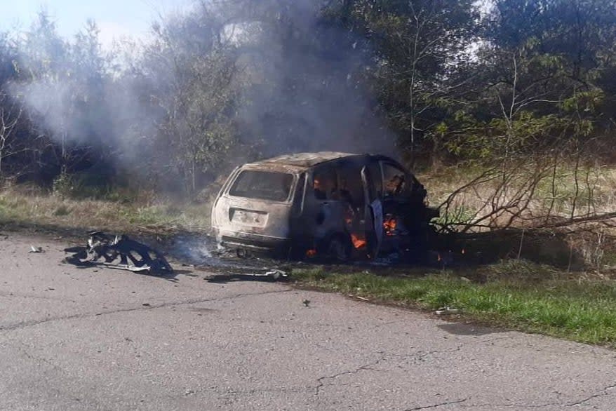 The Ukrainian family’s car was seen burned out by the side of the road in Kherson Oblast (Telegram / Ihor Klymenko)