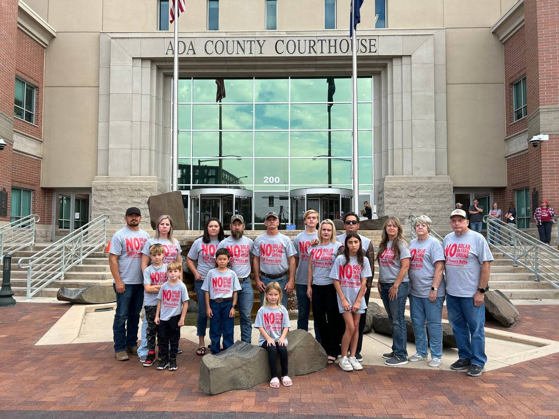 Community members who opposed the solar farm’s development stand outside the Ada County Courthouse after a hearing on the proposal on July 30. Ada County Commissioners ultimately sided with the protesters.