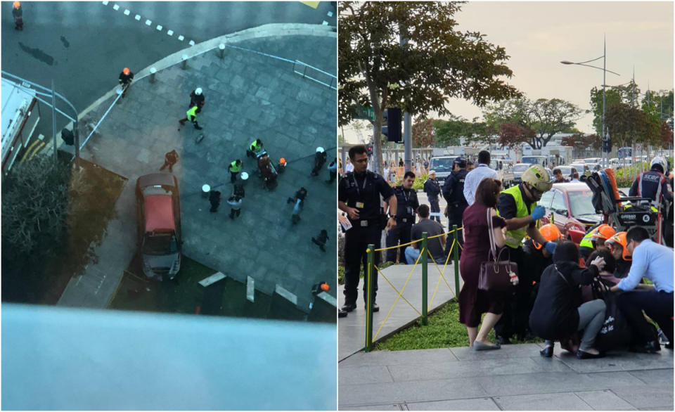 It is unclear whether the driver of the crashed vehicle was one of the four conveyed to the Singapore General Hospital. (PHOTOS: Yahoo News Singapore reader (left) and Jack Tan)