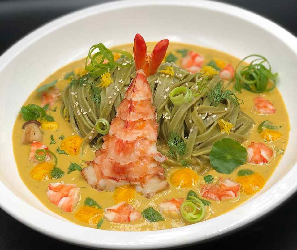 Spinach noodles with tiger prawns is available on Hossein's normal private chef service menu. — Picture courtesy of Chef Hossein Karimi