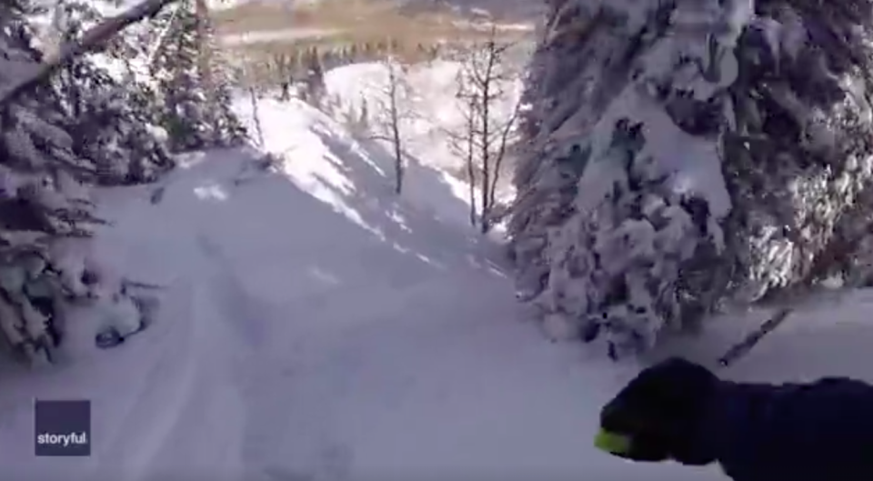 The skier heading downhill just moments before an avalanche in Utah. Source: Storyful