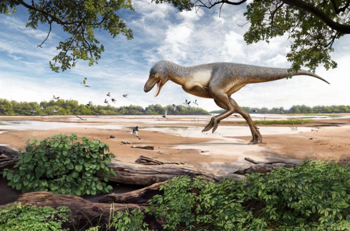 Reconstruction of the ancient 67 million-year-old landscape of North Dakota with a juvenile Tyrannosaurus rex (Teen Rex).