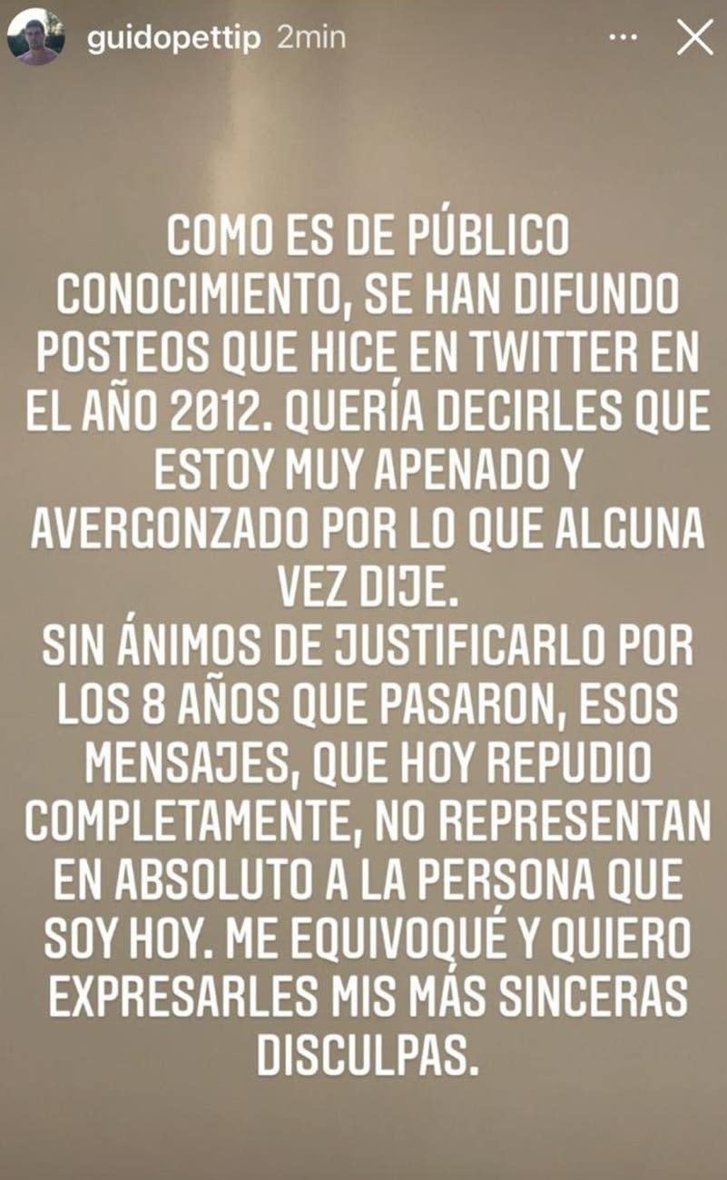 Un mensaje de Instagram de Guido Petti